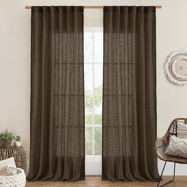 LAMIT Linen Curtains 90 Inch for Living Room, Back Tab and Rod Pocket Linen Textured Farmhouse Curtains Light Filtering Drapes for Bedroom/Dining Room, Dark Brown, Set of 2, 52 x 90 Inch