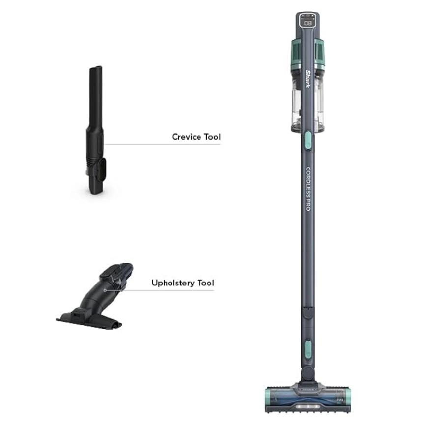 Shark IZ631H Cordless Pro Vacuum with PowerFins and Self-Cleaning Brushroll, Includes Upholstery Tool & Crevice Tool, Up To 60 Minute Runtime, HEPA Filtration, Cordless Vacuum, Dark Grey/Mojito