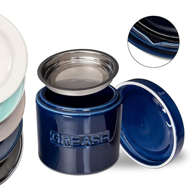 Bacon Grease Oil Container Storage Can Keeper w/Stainless Strainer Paleo Keto Pour Spout Ceramic Porcelain Stoneware Fat Separator Filter Multiple Colors NAVY BLUE