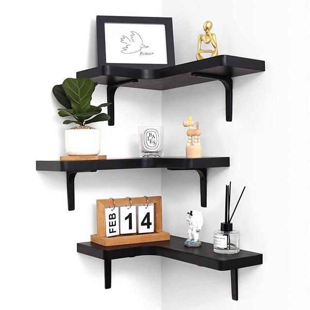 Corner Floating Shelves, Wall Shelf Set of 3, Shelves for Wall Storage, Rustic Wood Shelves for Storage, Wall Mount Wooden Display Shelf for Bathroom Bedroom Kitchen Garage, Black
