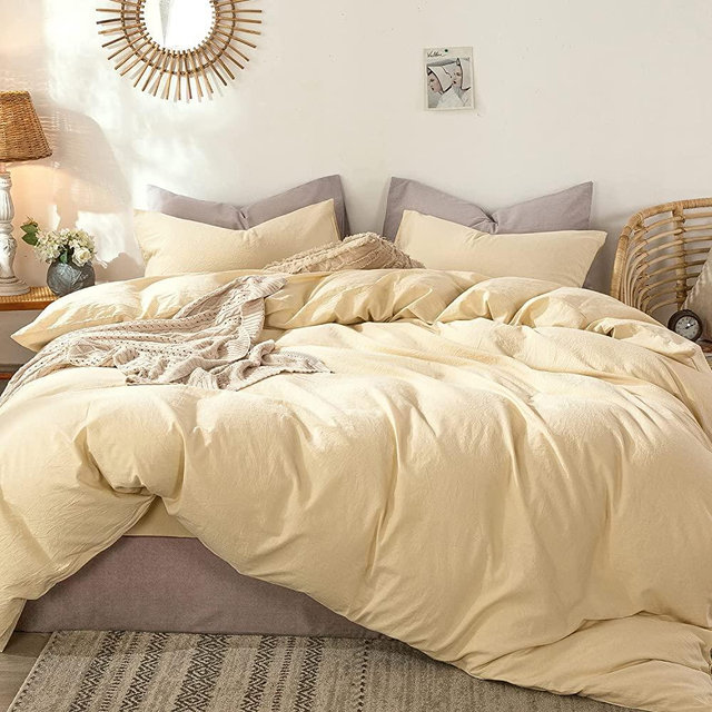MooMee Bedding Duvet Cover Set 100% Washed Cotton Linen Like Textured Breathable Durable Soft Comfy (Light Beige Cream, Queen)