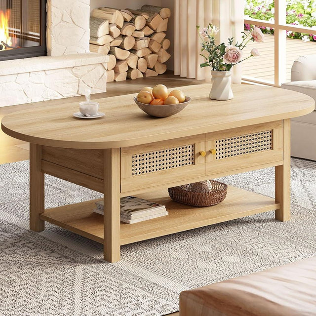 LVB Rattan Oval Coffee Table, Boho Wood Living Room Table with Storage, Modern 2-Tier Cocktail Tea Table with Doors & Open Shelf, Farmhouse Vintage Center Tables for Bedroom Office, Light Oak, 47In