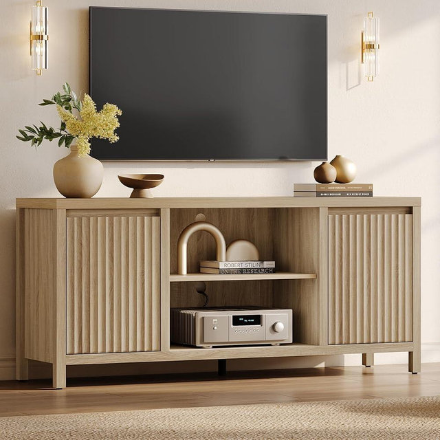 SICOTAS Fluted TV Stand for 55 65 inch TV - Large TV Consoles for Living Room Bedroom, Mid Century Modern Entertainment Center with Storage Cabinet, Wooden Television Stands Media Console, Light Oak