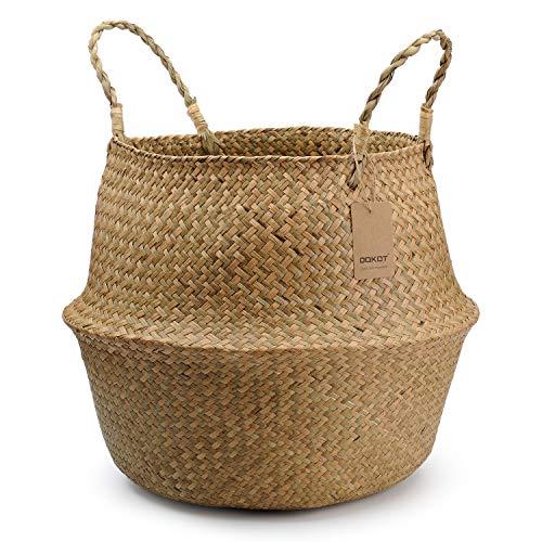 Natural Seagrass Belly Basket with Handles, Round Storage Wicker Basket Planter (14" Diameter x 12.5" Height, Natural)