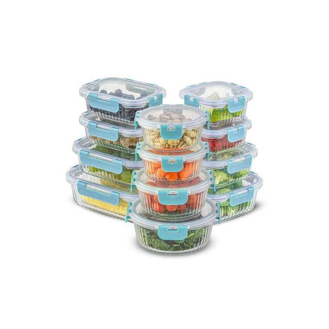 JoyJolt 24 Piece Fluted Glass Food Storage Containers with Leakproof Lids Set - Blue