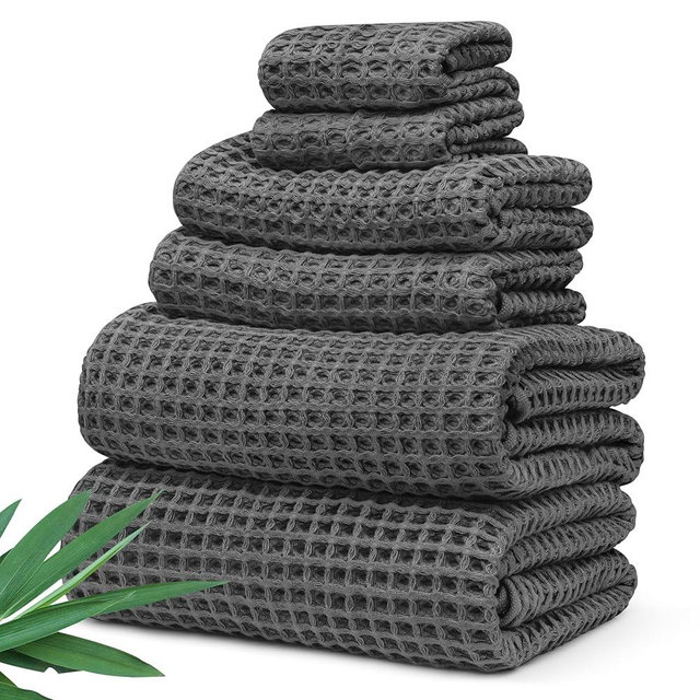 Alusa Home Viscose from Bamboo Waffle Towels - Lightweight Bath Towel Set of 6 - Compact, Quick Dry & Lint Free (Granite Grey)