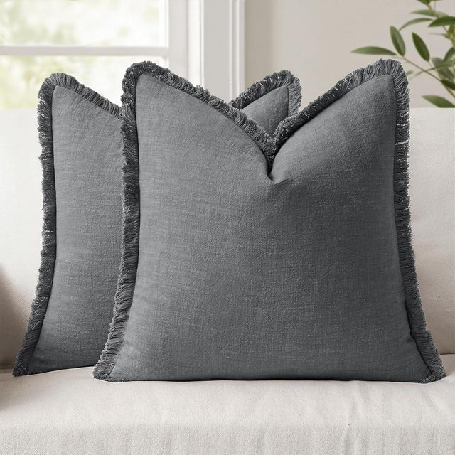 ANRODUO Set of 2 Decorative Throw Pillow Covers 18×18 Inch Soft Linen Fringe Farmhouse Boho Vintage Cushion Covers with Tassels Accent Pillowcase for Couch Sofa Bed Living Room Home Decor Grey