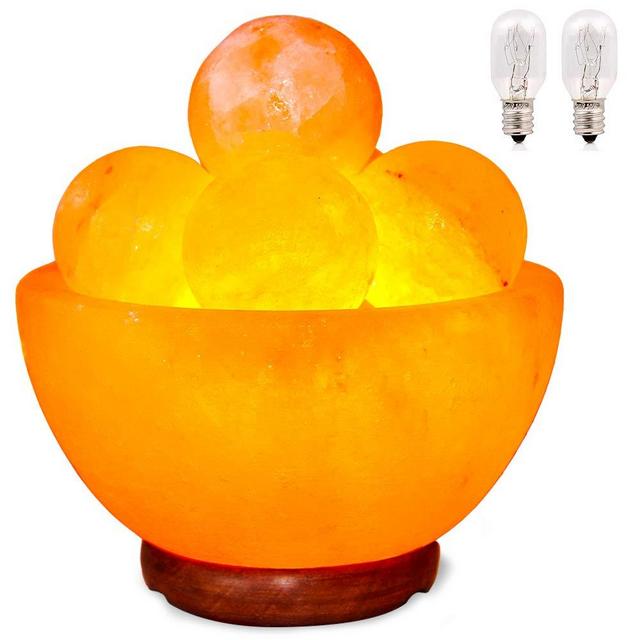 Pursalt Himalayan Pink Salt Lamp Bowl with Heated Massage Balls, Natural Crystal Salt Rock Table Lamp from Pakistan for Home Gifts, 2 Replacement 25W Bulbs & Hand Carved Taly Wood Base