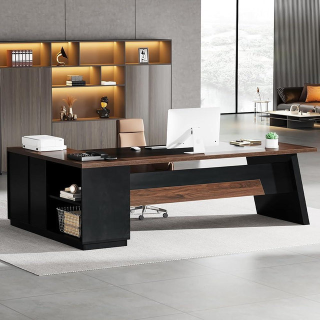 Tribesigns 78" L-Shaped Desk, Modern Executive Desk with Drawers and Lateral File Cabinet, Large Office Desk with Storage Shelves, Computer Desk Workstation for Home Office (Walnut + Black)