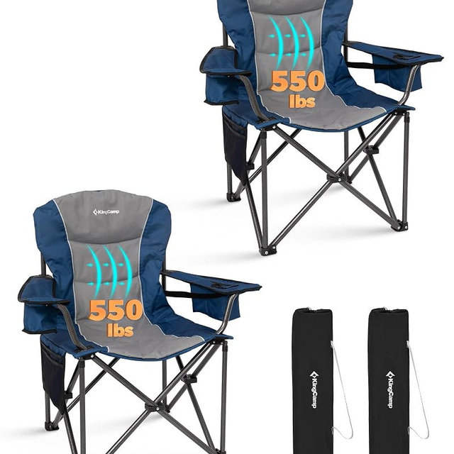 KingCamp Oversized Camping Chair with Adjustable Lumbar Support, 550lbs Heavy Duty Padded Folding Lawn Chair for Adults, Outdoor Armchair with Cooler Bag, Cup Holder & Side Pocket for Fishing, Travel