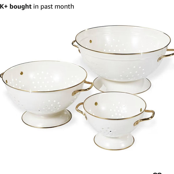 Metal Colander Set of 3, Strainer Basket with Handles perfect for Spaghetti, Pasta, Berry, Vegetable, Fruit, Solid Base Powder Coated Kitchen Essential Strainer Set, 1 & 3.5 & 5 Qt (Cream)