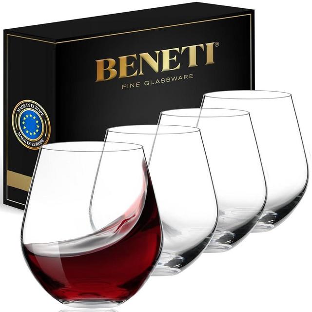 BENETI Premium Stemless Wine Glass | 18oz European Made Stemless Wine Glasses set 4 | Crystal Glass Cups For Red & White Wine, Durable Drinking Glasses, Great Gift Idea for Men Women of All Ages