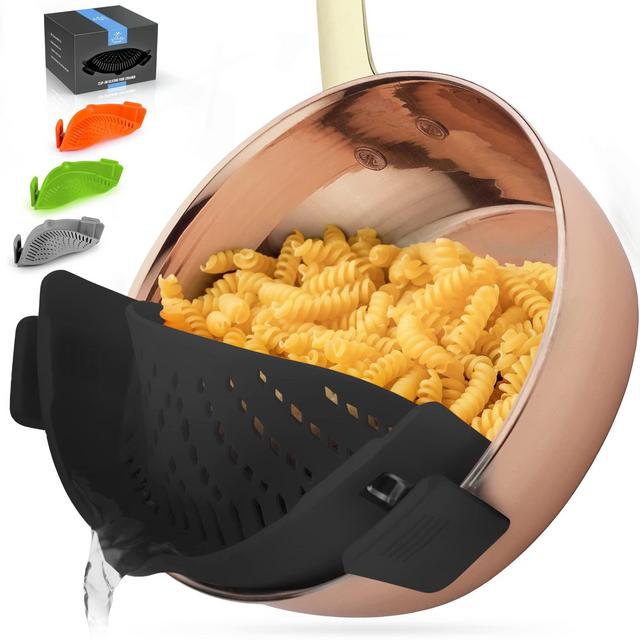 Zulay Silicone Pot Strainer - Adjustable Snap On Strainer For Most Pots Pans - Food Grade, Heat Resistant Pot Strainer Clip On Silicone Colander For Draining Pasta, Fruits, Vegetables (Black)