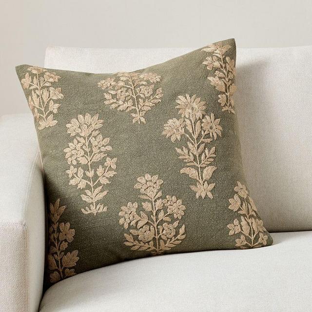 Gillian Embroidered Pillow Cover, Loden, 20"