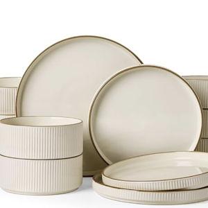 Famiware Star 18-Piece Stoneware Plates and Bowls Sets, Service for 6, Ceramic Dinnerware with Trim, Modern Rustic Dishes for Everyday/Formal, Chip/Scratch Resistant, Microwave/Dishwasher Safe, Cream