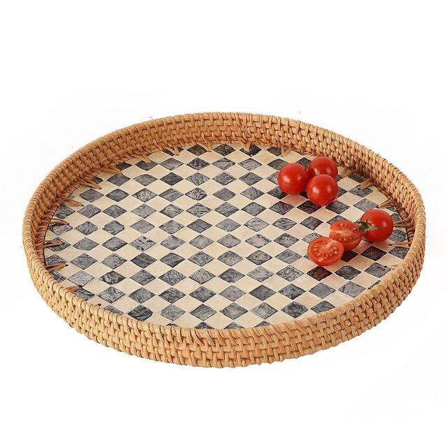 Tynulox Rattan Tray with Mother of Pearl Inlay, Display Wicker Basket for Decor, Round Serving Tray for Bread Fruit Coffee Decoration and Daily Necessity (Checkerboard, 11.8")