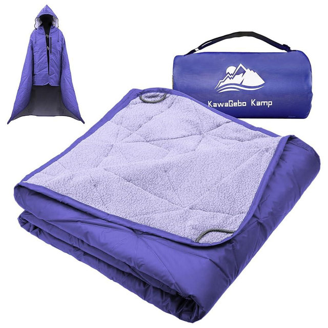 KawaGebo Kamp Outdoor Waterproof Blanket, Foldable Fleece Stadium Blanket for Outdoor Sports Event, Camping, Car, Pet, Picnics - Windproof, Wearable, Machine Washable 80" x 58" (Purple,Hooded)