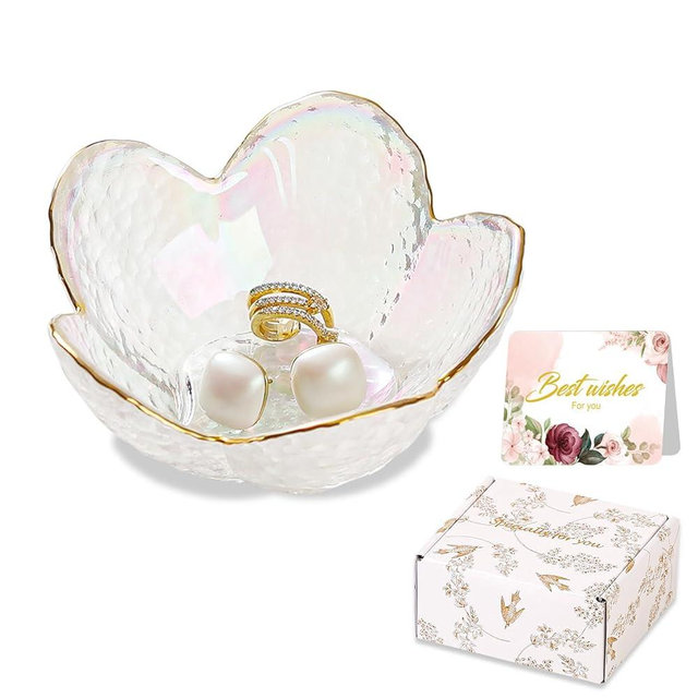White Flower Jewelry Dish Glass Ring Dish Jewelry Tray Cute Vanity Organizer Room Decor Aesthetic Nightstand Bathroom Decor Trinket Dish Ring Holder Jewellery Tray Valentine's Birthday Gifts for Women
