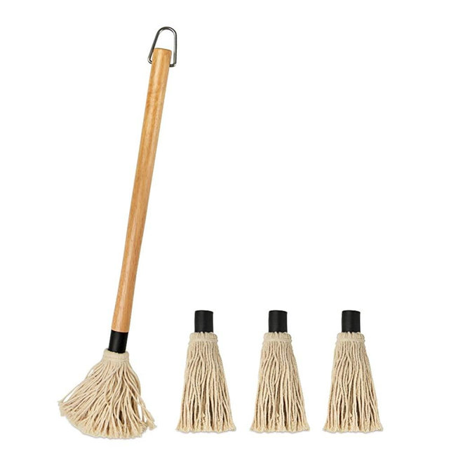 YFWOOD 18 Inch Grill Basting Mop Wooden Long Handle with 3 Extra Replacement Heads for BBQ Grilling Smoking Steak