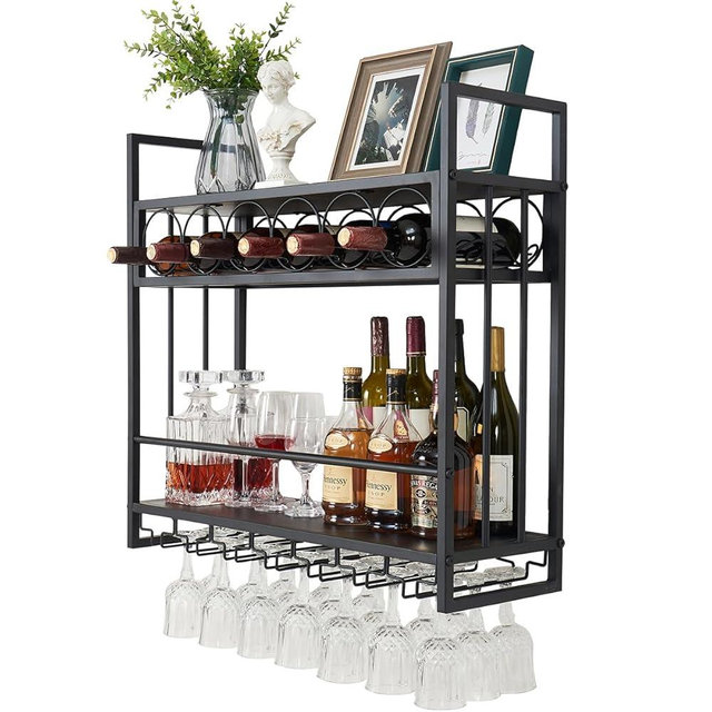 Keslecy Wall Mounted Wine Rack with Glass Holder Storage, Metal Floating Bar Liquor Shelves, Wine Bottle Display Rack (Black)