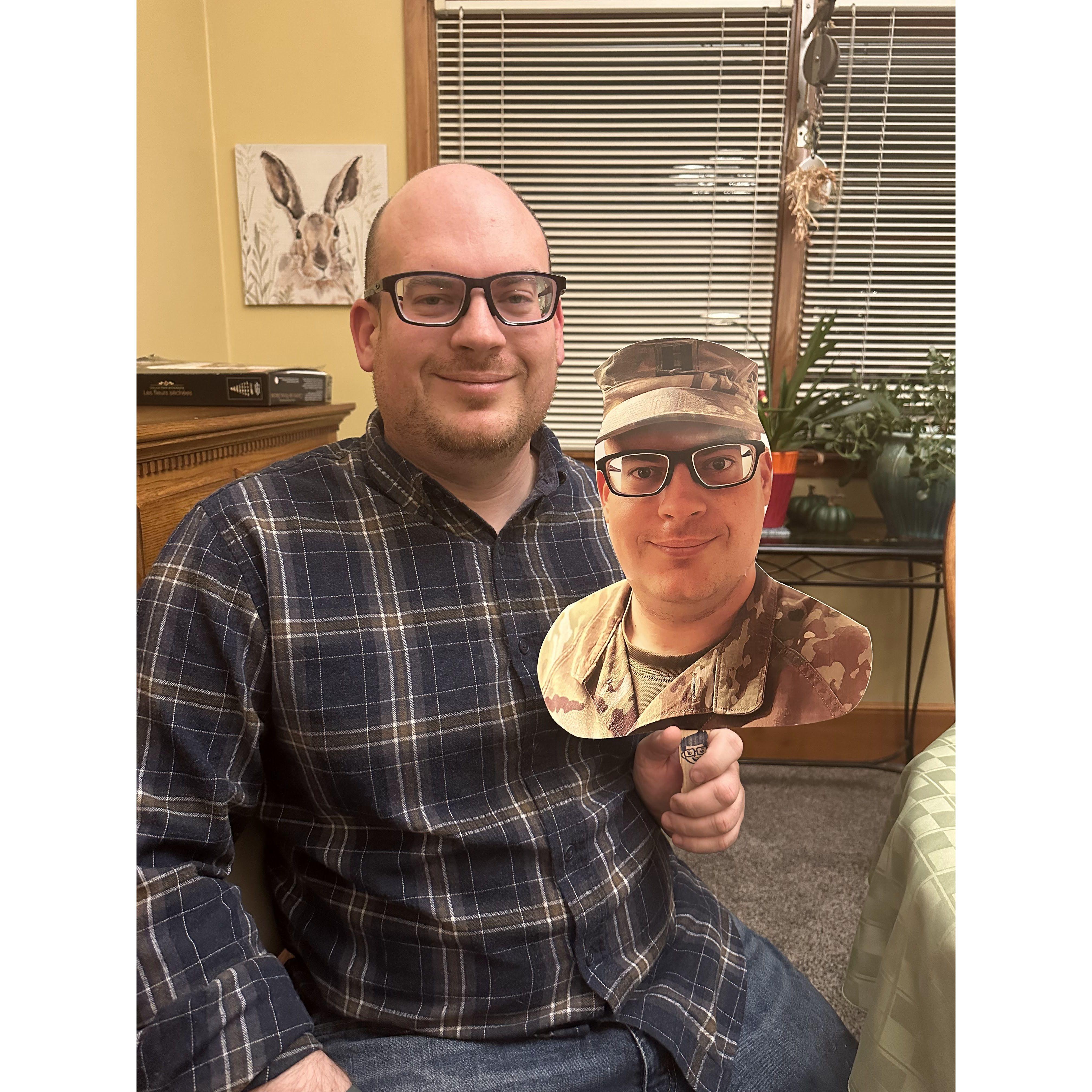 Real Jeff and Jeff on a stick together for Thanksgiving in Minnesota