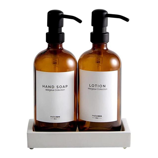 MaisoNovo Glass Soap Dispenser with Pump and Concrete Tray | Vintage Soap Dispenser Bathroom and Kitchen Set w. Dish Soap, Hand Soap, Lotion Waterproof Labels | Amber Bottles with Black Metal Pumps