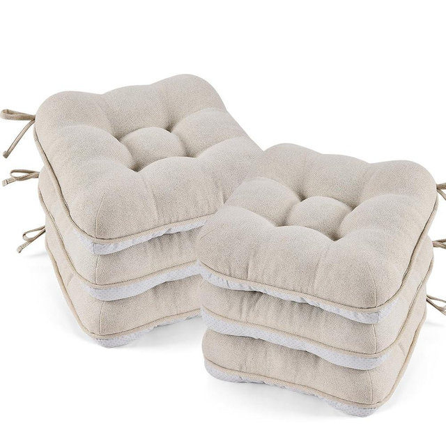 BETU Chair Cushions for Dining Chairs Set of 6,3.5" Thick Kitchen Table Chair Pads with Ties,Non Slip Backing and Covers, Seat Cushion for Dining Room,Bar,Patio Chairs,15.5"X15.5"X3.5",Beige