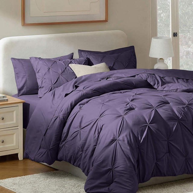 Nestl 9 Piece King Comforter Set – Purple Pinch Pleated Bed in a Bag – Complete King Size Bedding Set with Sheets, Set of 2 Down Alternative Pillows, Pillowcases and Shams