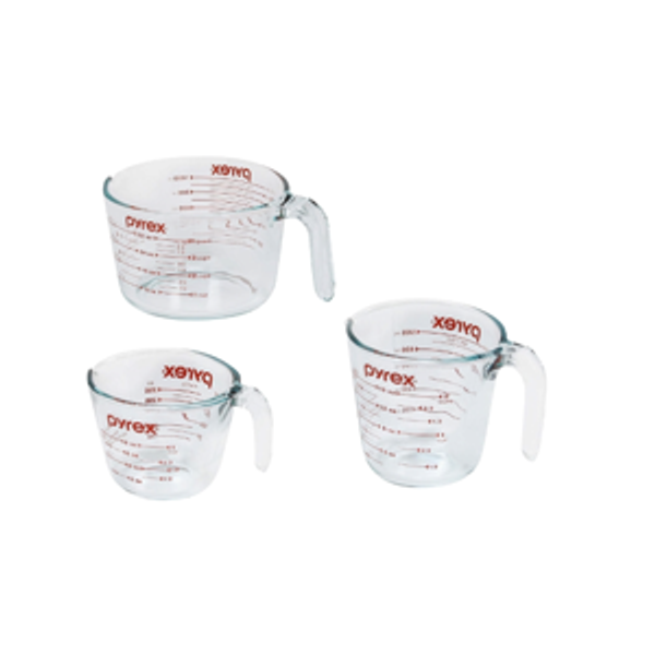 Pyrex Essentials (3-Pack) Glass Measuring Cups Set, (1, 2 & 4 Cup) Measuring Cups For Prepping, Baking and Cooking, Preheated Oven, Dishwasher, Freezer, and Microwave Safe