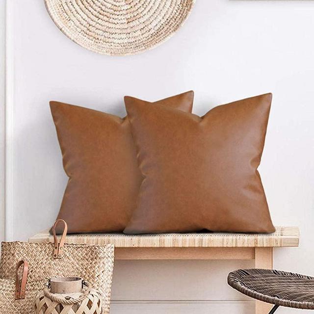 Two Queens Lane Faux Leather Pillow Cover (Set of 2, 20 x 20”) Brown Throw Pillow Case - Modern Boho Farmhouse Decorative Cases Only for Bed or Sofa