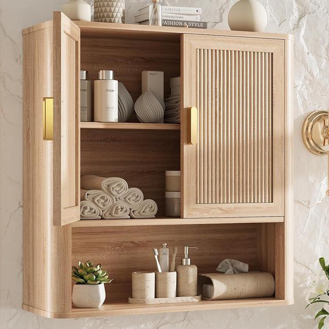 INNOD Bathroom Storage Cabinet, Medicine Cabinet with Adjustable Wood Shelf & Doors, Over The Toilet Storage Cabinet for Laundry Room & Kitchen & Living Room (Natural Oak)