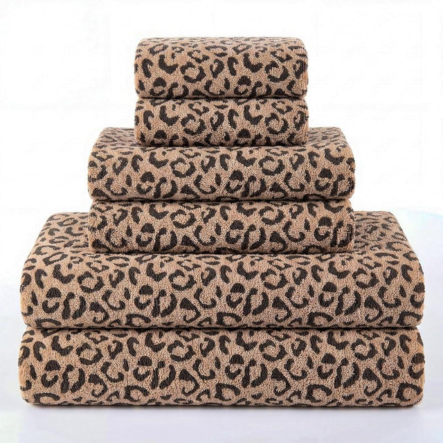 Peryiter 6 Pcs Leopard Print Towel Set Brown Microfiber Coral Fiber Bath Towels Hand Towels Washcloths Soft Absorbent Quick Dry for Guest Bathroom Home Dorm Spa Shower Decor Essentials