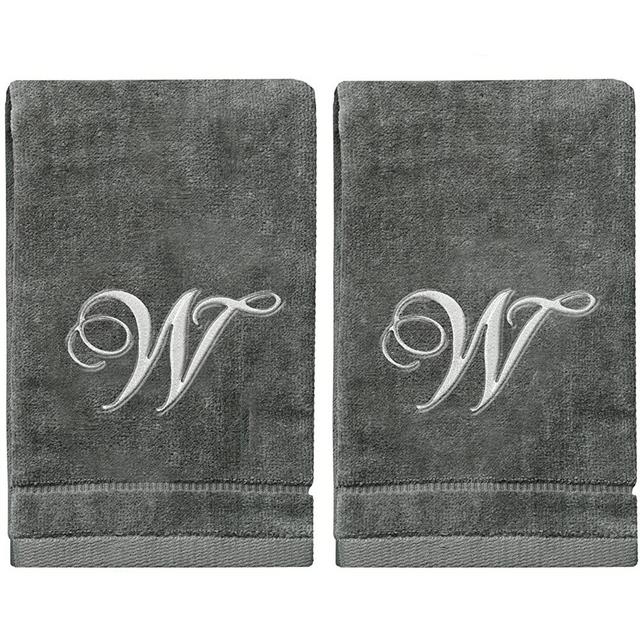 Monogrammed Towels Fingertip, Personalized Gift, 11 x 18 Inches - Set of 2- Silver Embroidered Towel - Extra Absorbent 100% Cotton- Soft Velour Finish - for Bathroom/ Kitchen/ Spa- Initial W (Gray)