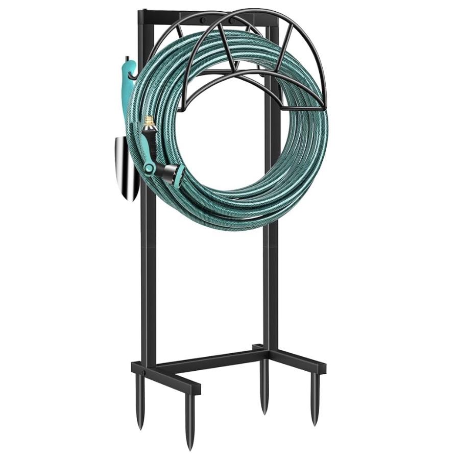 TomCare Garden Hose Holder 4 Spikes Garden Hose Reel Hose Stand Upgraded Water Hose Storage with Tool Hooks Garden Hose Hanger Organizer Holds 160ft Hoses for Outside Yard Lawn, Black