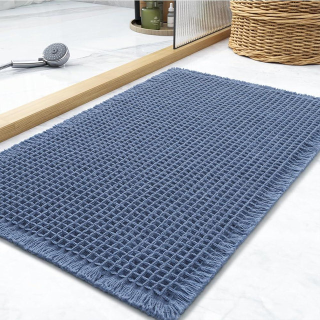 Waffle Bath Mat Rug, Super Absorbent Non Slip Bath Mats for Bathroom Mat Ultra Soft Bathmat Machine Washable Bathroom Rugs with Tassels, Bath Rugs for Bathroom Floor Beside Tub, 17" x 24", Blue
