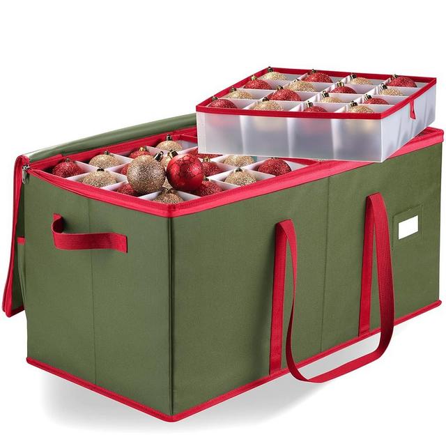 Christmas Ornament Storage - Stores up to 128 Holiday Ornaments, Adjustable Dividers, Zippered Top, Two Handles. Attractive Storage Box Keeps Holiday Decorations Clean and Dry for Next Season (Green)