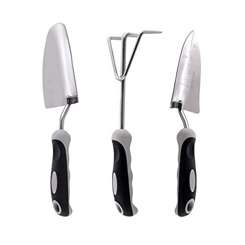 HOSUN Garden Tool Set,3 Piece Garden Hand Shovels Stainless Steel Heavy Duty Gardening Kit with Non-Slip Ergonomic Handle Includes Hand Trowel, Transplant Trowel and Cultivator Hand Rake (Black/Grey)