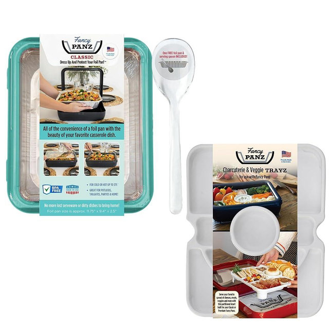 Fancy Panz Bundle - Aqua Classic Aluminum Foil Pan Carrier with Lid + Charcuterie Insert - Elevated Food Serving Tray - Portable Casserole Carrier with Lid - Made in The USA