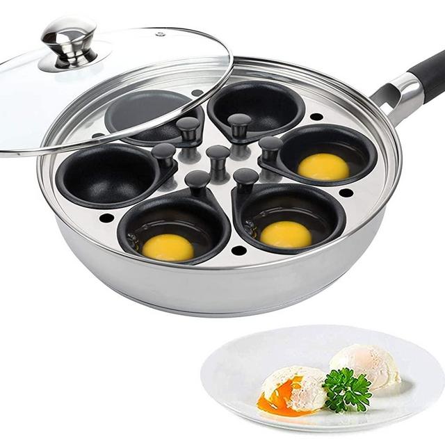 Egg Poacher Pan - Stainless Steel Poached Egg Cooker – Perfect Poached Egg Maker – Induction Cooktop Egg Poachers Cookware Set with 6 Large Egg Poacher Cups and Silicone Spatula
