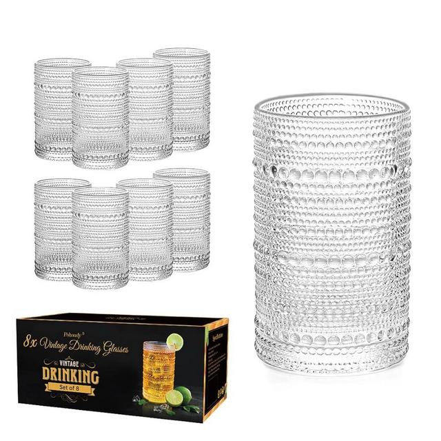 Pohoudy 8pcs Hobnail Drinking Glasses, 13oz Vintage Beaded Water Cups, Clear Retro Highball Glasses, Heavy Everyday Glassware for Cocktail Beverage Water Rocks