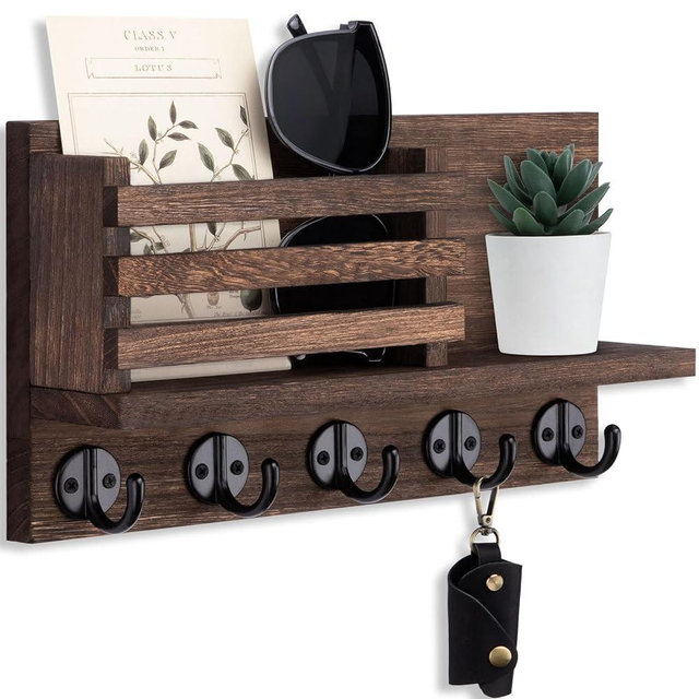 Lwenki Key Holder for Wall – Decorative Wooden Mail Holder and Key Shelf with Mounting Hardware, Installation Guide – Paulownia Wood with 5 Metal Key Hooks (11.8” x 6.7” x 2.8”)
