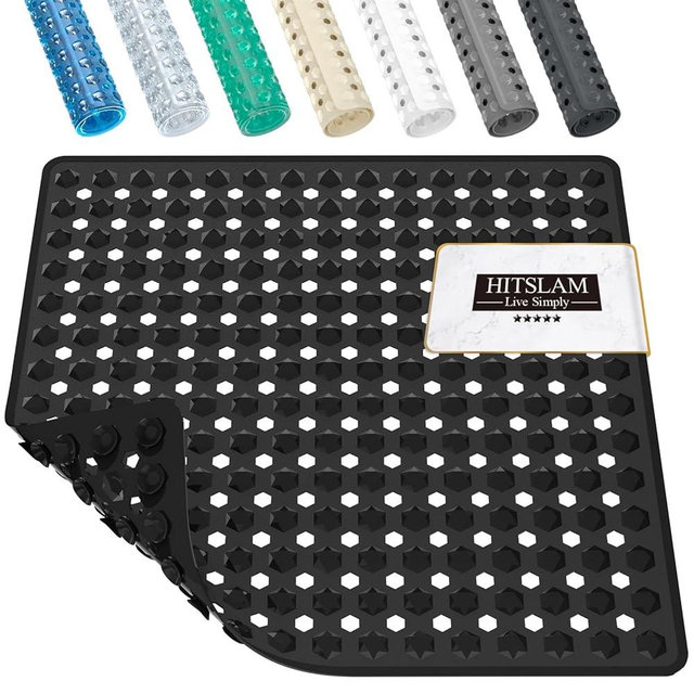 HITSLAM Shower Mat Anti Slip, Square Bath Mat for Tub Non Slip with Suction Cups and Drain Holes, 21x21 Inch Bathroom Shower Stall Floor Mat, Machine Washable, Soft on Feet, Black