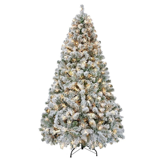 Prelit Snow Flocked Christmas Tree 7.5ft, Warm White LED Artificial Xmas Tree with 1321 Tips, Easy Assembly Metal Stand, Home Holiday Decor, White Christmas Tree