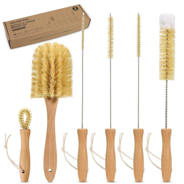 VALENTISE Bottle Brush Set - 6 Pack Sisal Bristle Natural Bottle Brush, All in One Bottle and Straw Brush Cleaning Set for Water Bottles, Glasses, Cups and Lid