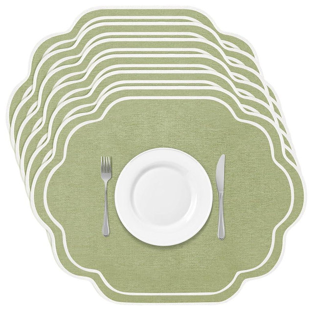Breling Set of 6 Wedding Scalloped Embroidered Cotton Linen Placemats 17" x 13" Double Layered Machine Washable Table Place Mat for Party Table Decor
