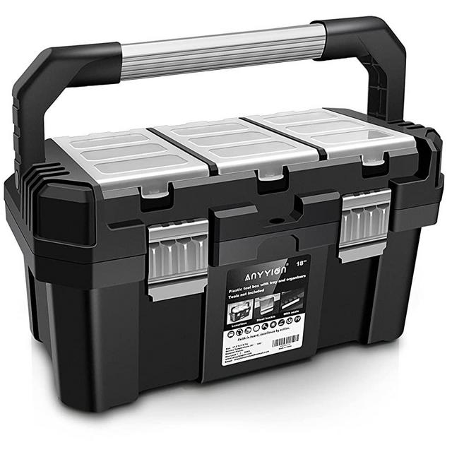 Anyyion 18-Inch Tool box with Removable Tray with Stainless Steel Dual Lock Secured ,Small Parts Box, Metal Handle is Truly Rugged