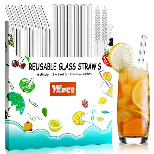 Glass Straws,12-Pack Reusable Glass Drinking Straws, Size 8.5''x10 MM, Including 6 Straight and 6 Bent with 2 Cleaning Brush, Clear Glass Straws Reusable