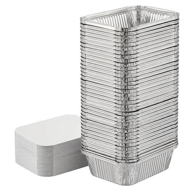 Julpvom 100 Pack 1lb Aluminum Foil Pans with Cardboard Lids, 5.5"x4.5" | Disposable foil containers, small tin trays for meal prep, baking, catering, food storage