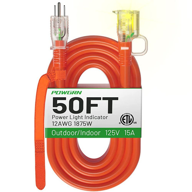 50 ft 12/3 Outdoor Extension Cord Waterproof Heavy Duty with Lighted Indicator End 12 Gauge 3 Prong, Flexible Cold-Resistant Long Power Cord Outside, 15Amp 1875W SJTW Orange ETL Listed POWGRN
