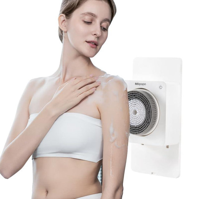 Wall-Mounted Electric Back Scrubber for Shower：Electric Exfoliating Brush with 300K PBT Bristles - 360° Automatic Rota-Tion-High Low Gear - Body Scrubber for Shower - Deep Cleansing - Back Massage